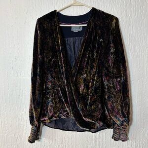 Anthropologie Velvet Wrap Blouse in Black with Multicolor Paisley Women XS
